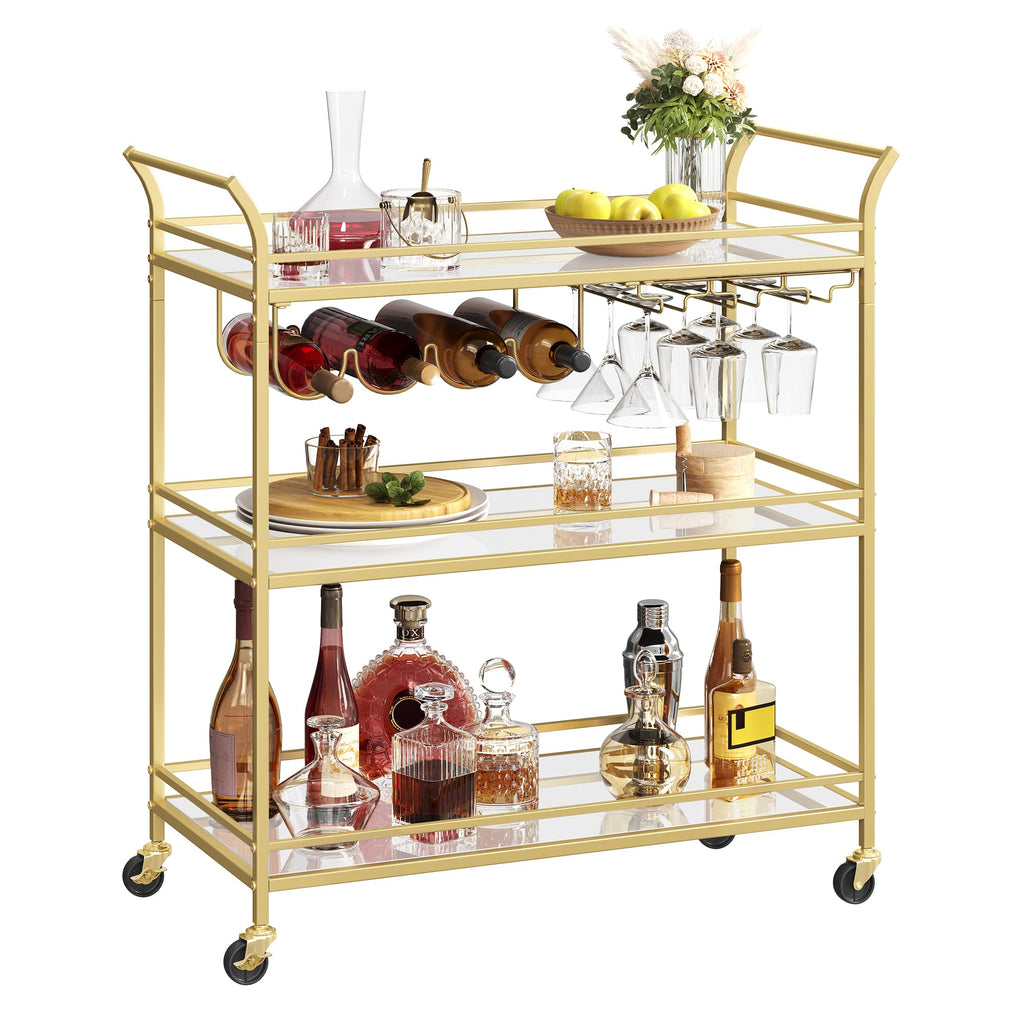 VASAGLE Bar Cart Gold, Large Home Bar Serving Cart with 3-Tier