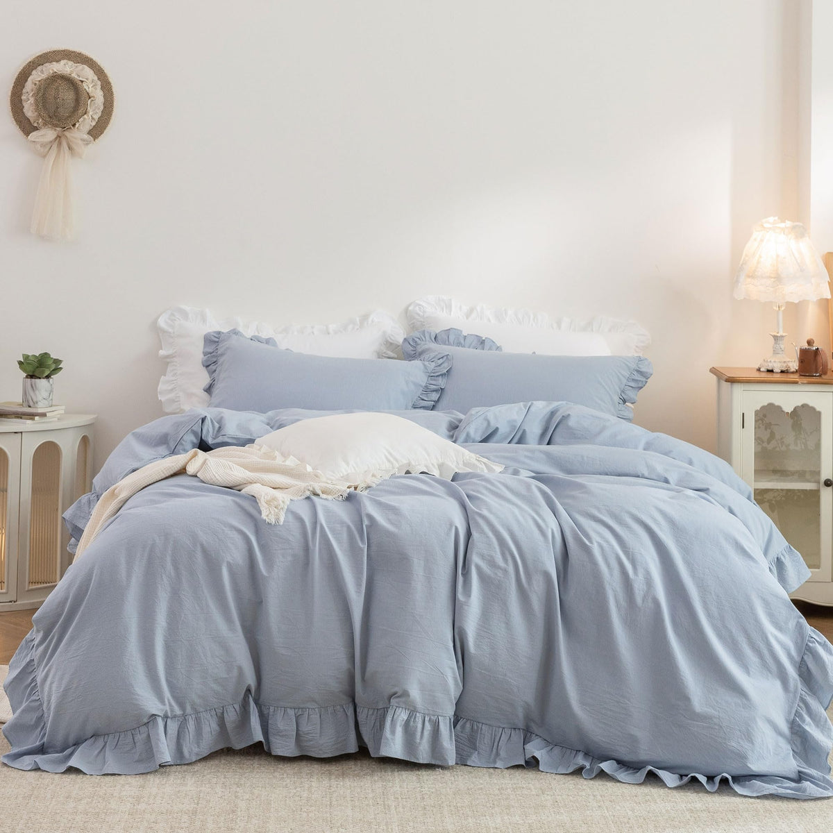 Duvet Cover Set Washed Cotton Embroidered Hem King 3‑Pcs