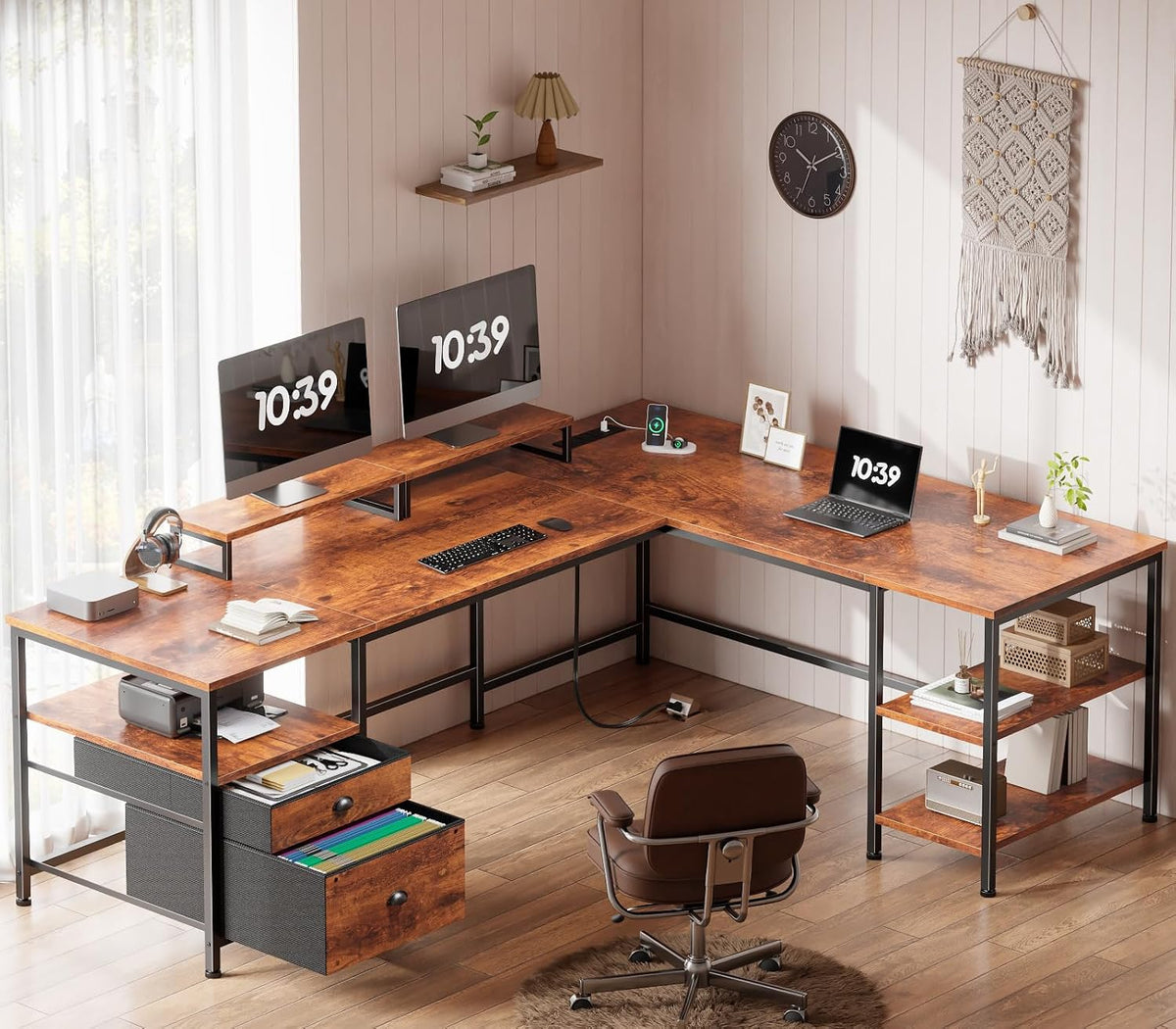 Furologee 66'' L Shaped Desk with Power Outlet and 2 Drawers, Rustic Brown