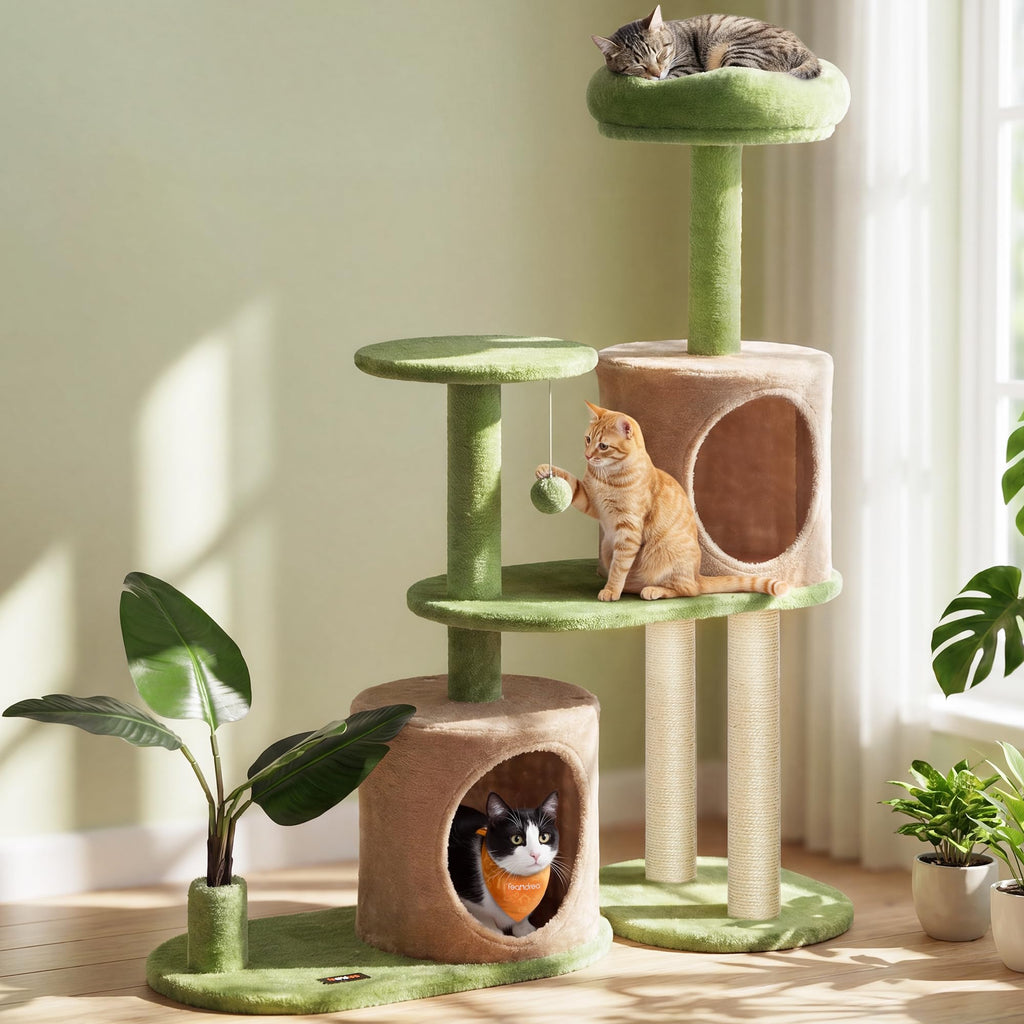 Feandrea Cat Tree, 68.1-Inch Multi-Level Plush Cat Tower, Artificial Leaves
