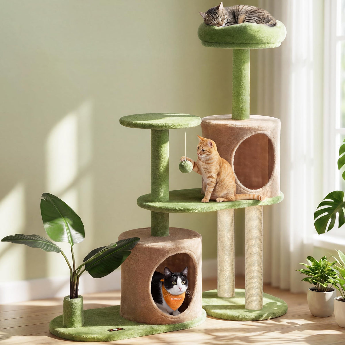 Feandrea Cat Tree, 68.1-Inch Multi-Level Plush Cat Tower, Artificial Leaves