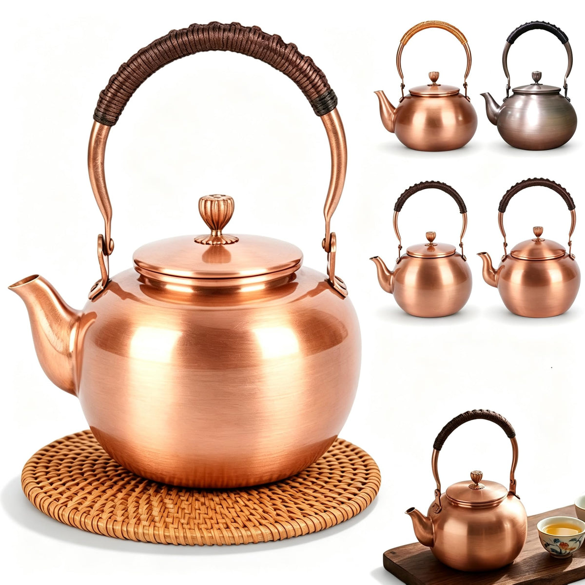 Handmade Copper Kettle 1200ML, Copper Stovetop Tea Kettle, Handmade Solid Copper Teapot with Stay-Cool Grip, Fast Boiling Gas Stove for Tea Ceremony Home Kitchen Use (1.3L-C)