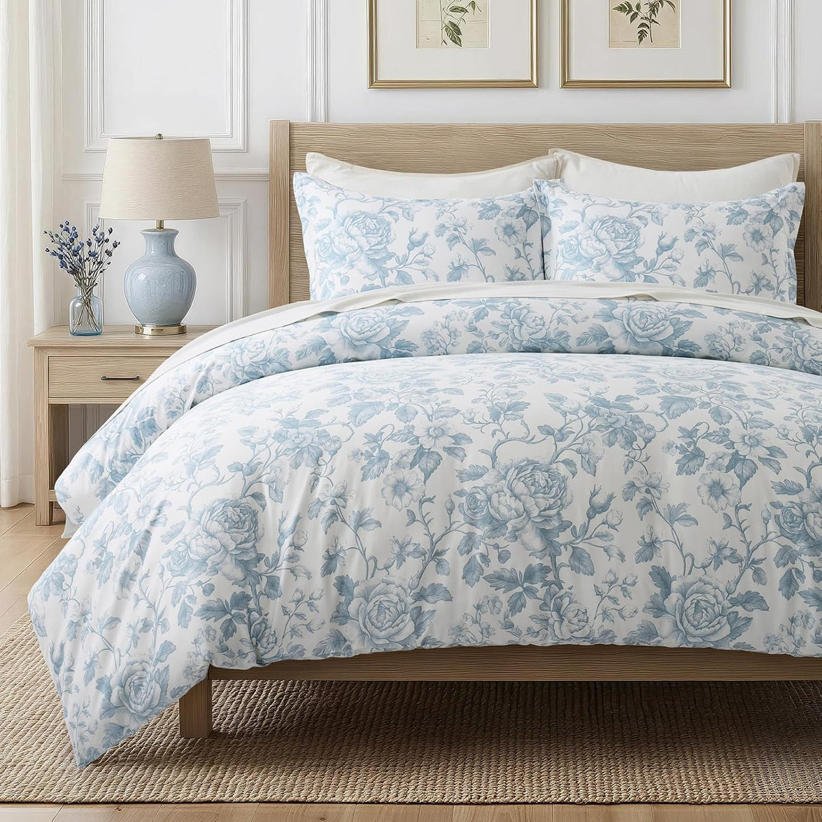 EverGrace 100% Cotton Sateen Duvet Cover Set, King Size, Blue Linen