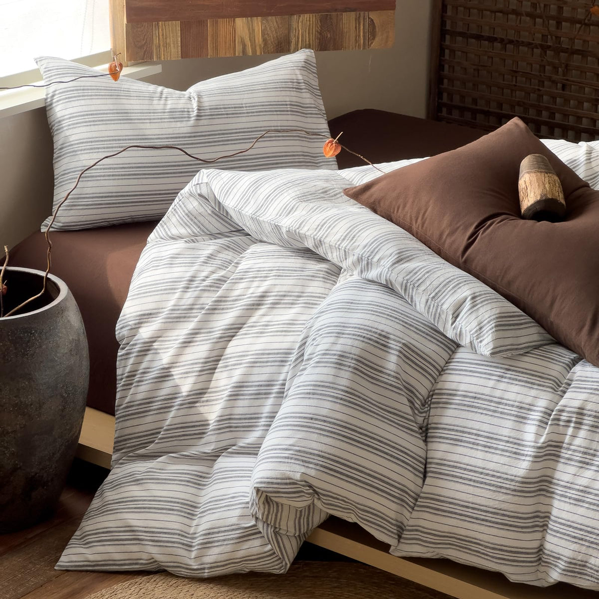 Plaid Duvet Cover Set Washed Cotton,Queen(90"x90"),Multicolor Gingham