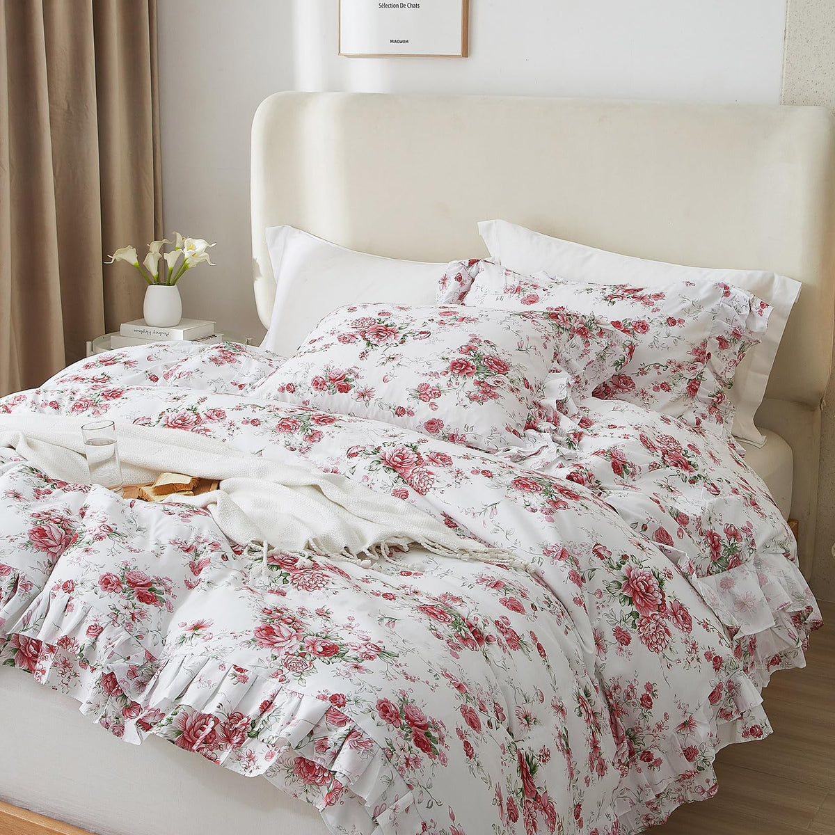 Floral Duvet Cover Set Muslin Cotton Queen(90"x90"),Pink Flower