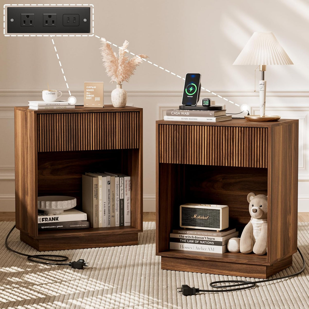 Fluted Nightstands Set of 2, Night Stand with Charging Station, Modern Bed Side Table with Drawer and Storage Shelf, Wood Mid Century End Table for Bedroom Living Room (Walnut)