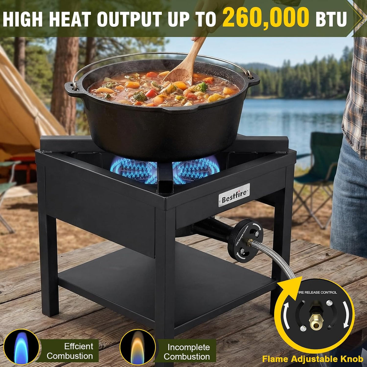 Bestfire 260,000 BTU Outdoor Propane Gas Stove, 0-20 PSI Adjustable Regulator, Steel-Braided Hose, High Pressure Single Burner Cooker for Turkey Fryer, Seafood Boil, Quemador de Gas Propano
