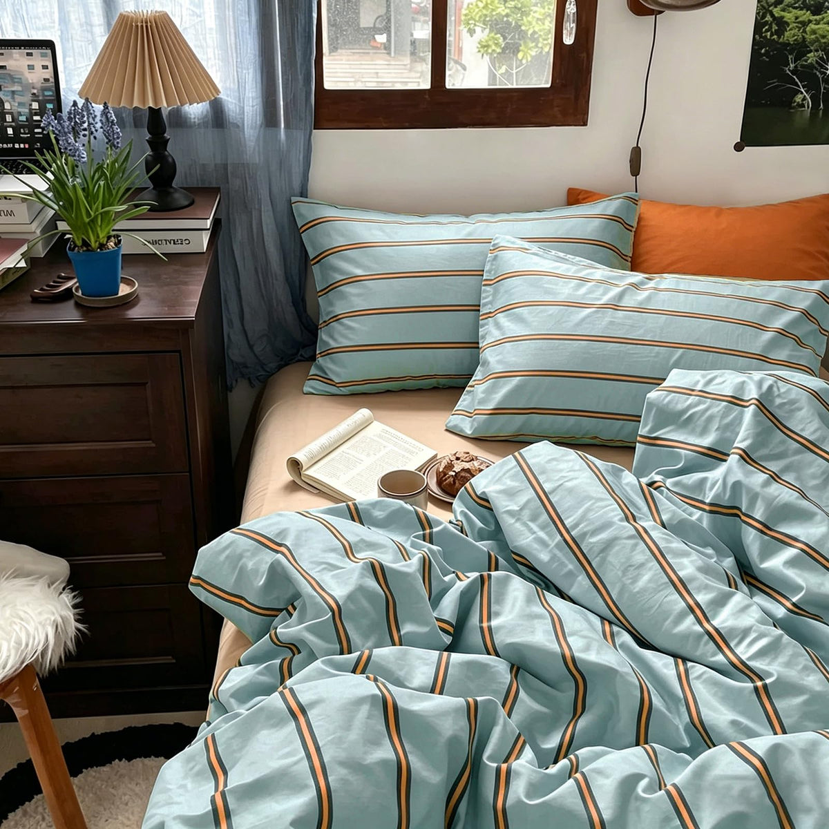 mixinni Vintage Buffalo Plaid Duvet Cover Set Queen Size - 3 Piece Washed Cotton Bedding Set with Grid Pattern, Soft & Breathable Duvet Cover with Pillowcases for All Seasons,(Brown & Blue,Beige)
