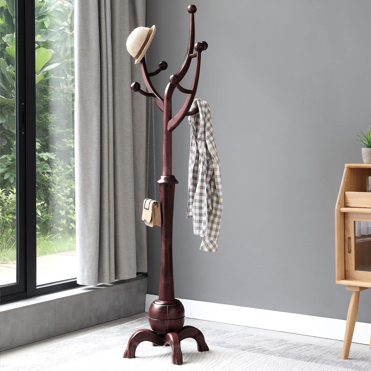 Bekrvio Coat Rack Freestanding Wood Coat Tree Rack with 8 Hooks, Walnut