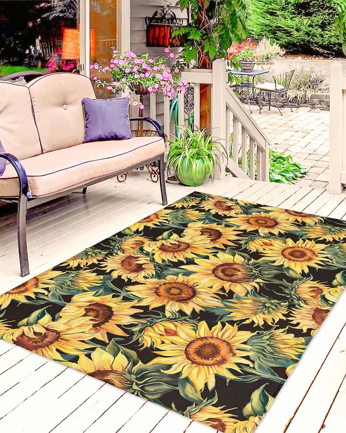 Watercolor Sunflower Outdoor Rug 5x8ft, Waterproof Indoor Outdoor Rug for Patio, Summer Plant Camping Carpet Mat Outside Area Rug for RV Picnic Beach Balcony Deck Backyard