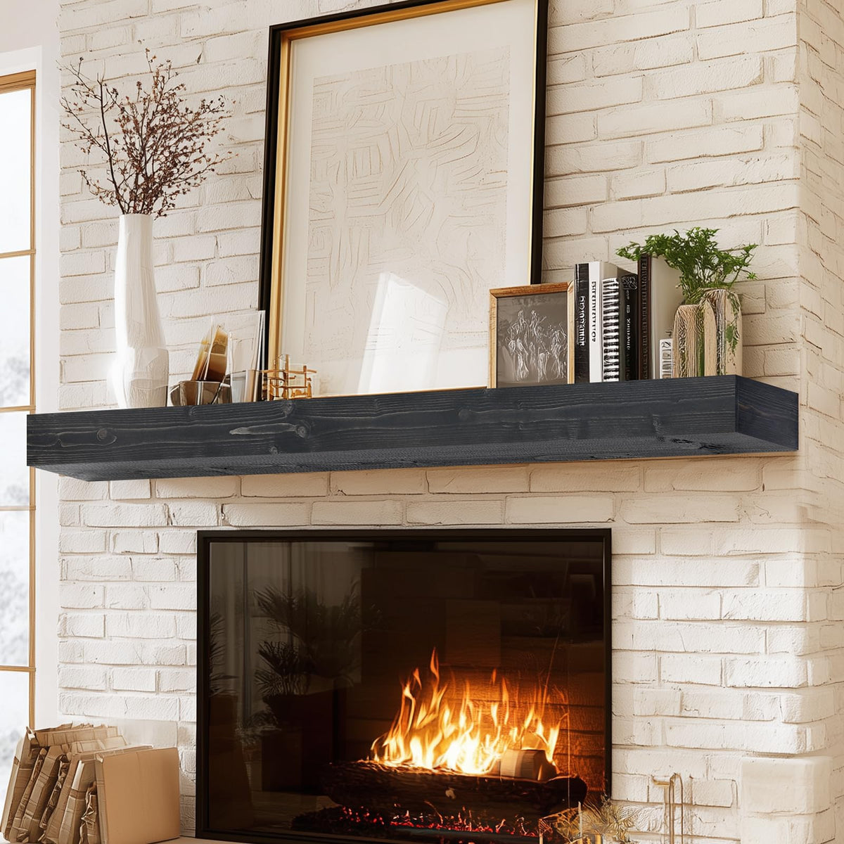 60x8x3in Rustic Fireplace Mantel Pine Wood, Weathered Brown