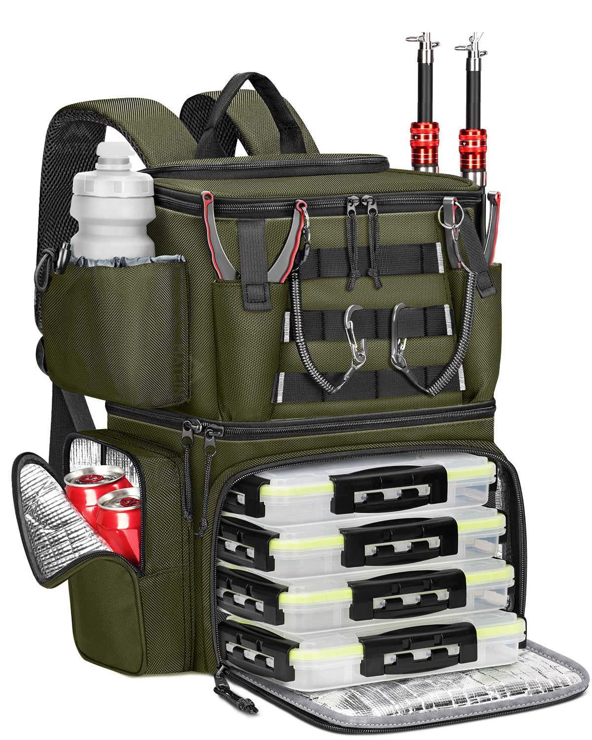 MATEIN Fishing Backpack with 4 Tackle Boxes, Fishing Bag with Rod Holder