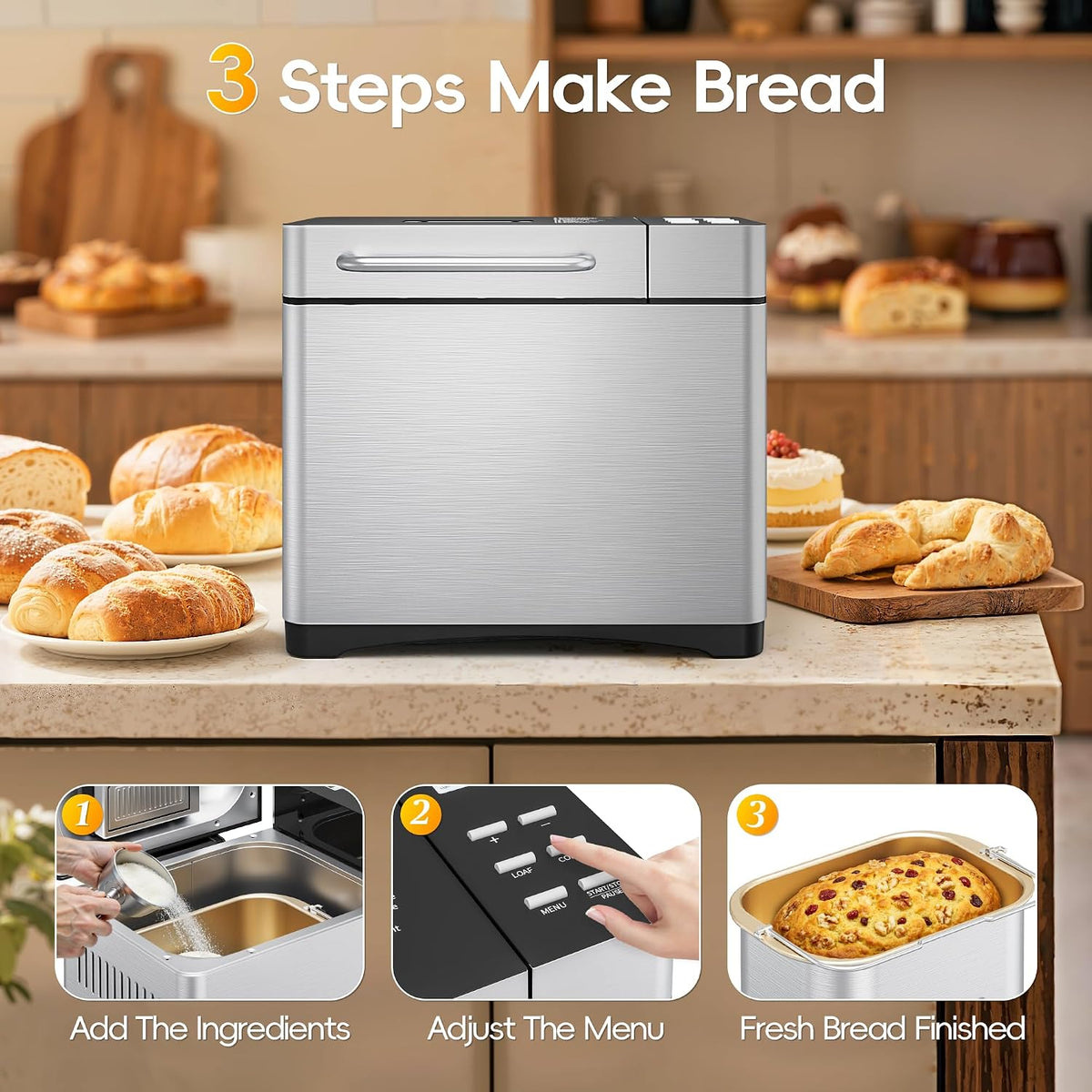 Manastin 19-in-1 Bread Maker, 2LB Bread Machine with Fruit and Nut Dispenser, Stainless Steel Housing, Nonstick Baking Pan, 2 Pound Bread Maker Machine, Ideal Kitchen Gift for Home Bakers