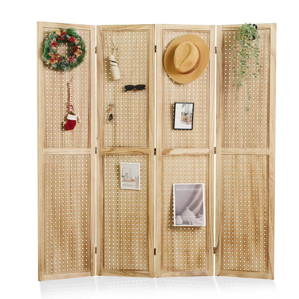 Pegboard Display, 5.6Ft Portable Freestanding Wall Organizer Wooden Room Divider Folding Privacy Screens for Craft Art Display Board (6 Panels, Natural)