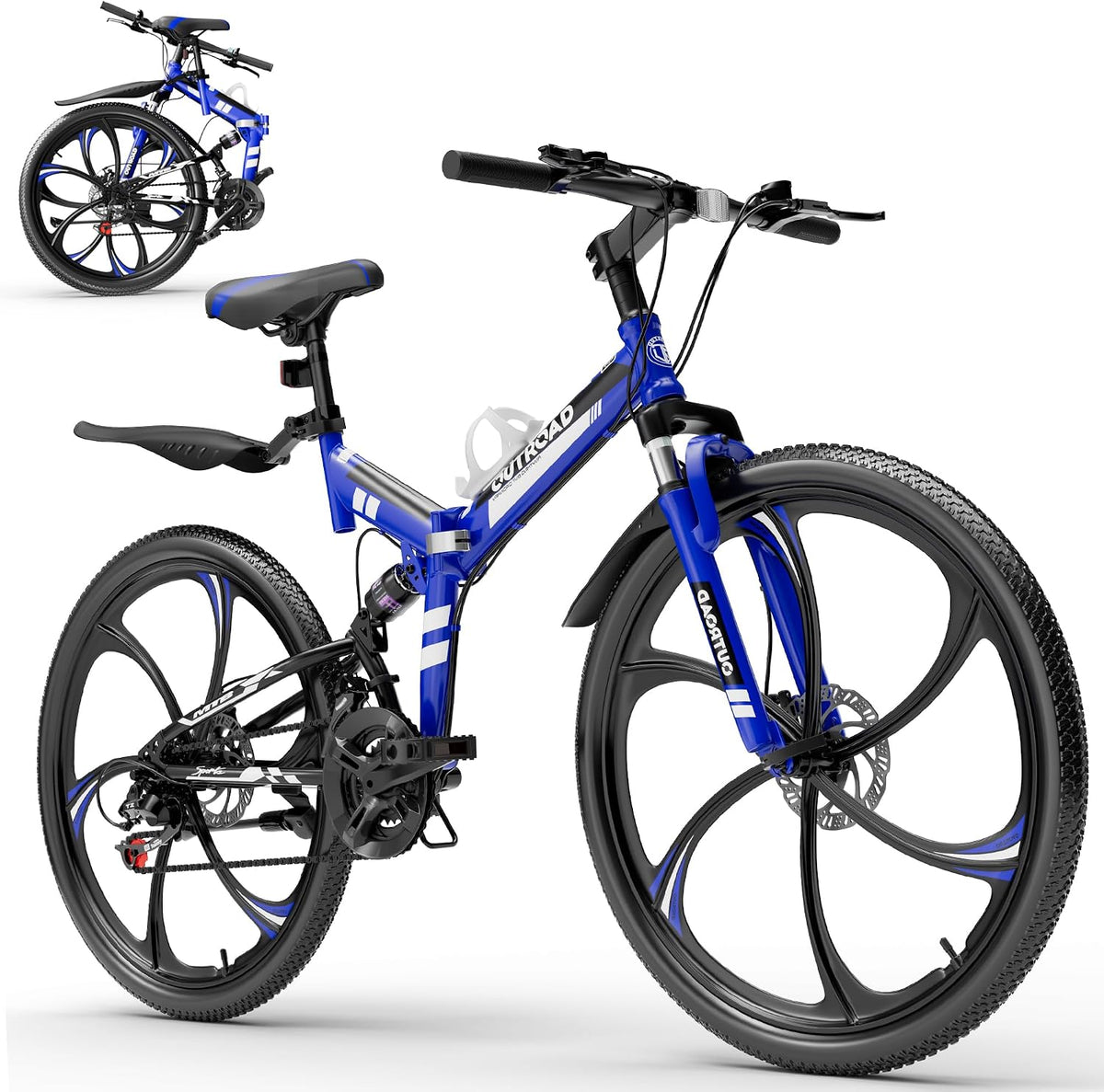 Bonusall 26 Inch Folding Mountain Bike, 21-Speed Full Suspension Foldable Bicycle for Adults, High-Carbon Steel Portable MTB with Dual Disc Brakes, Non-Slip Commuter Bike for Men & Women