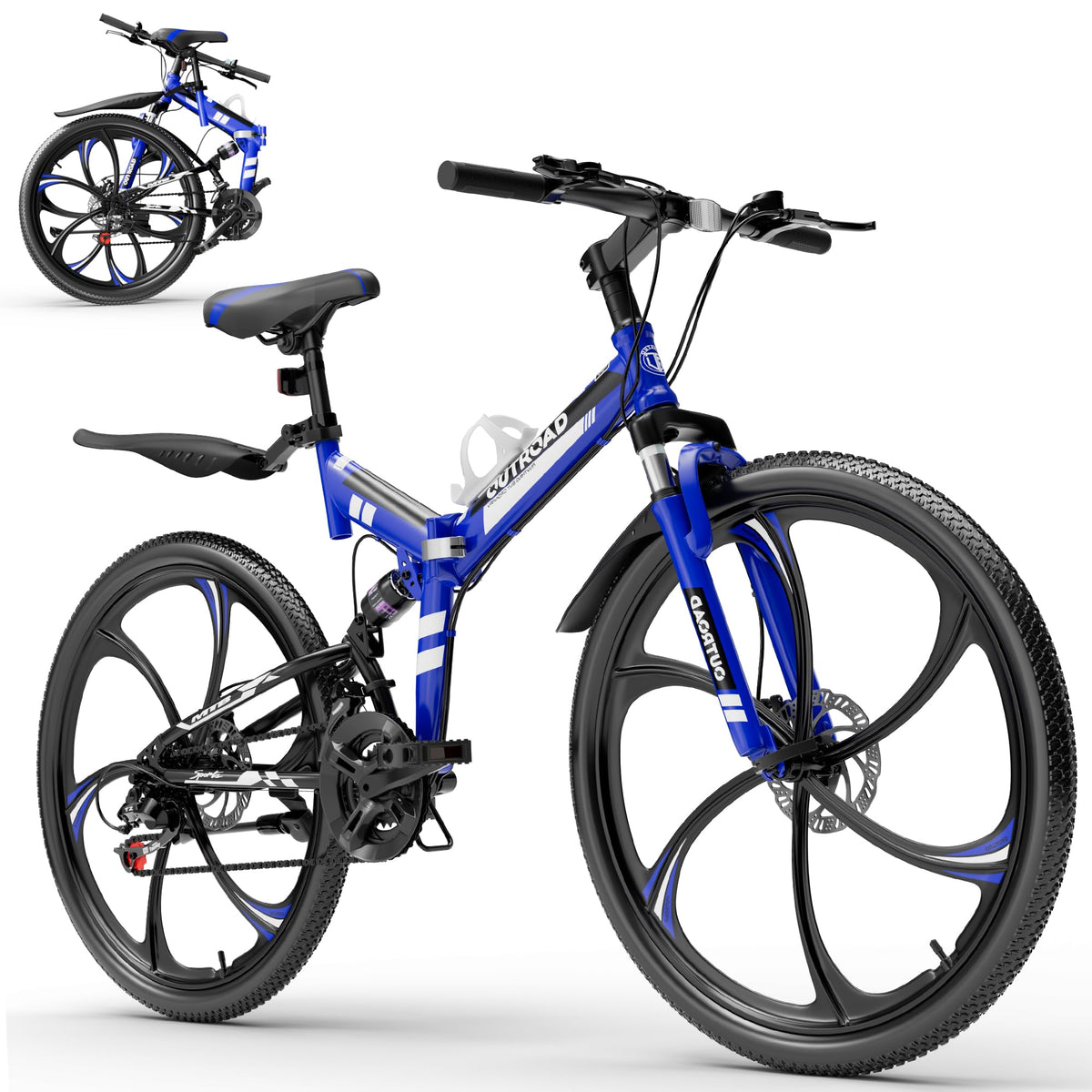 Bonusall 26 Inch Folding Mountain Bike, 21-Speed Full Suspension Foldable Bicycle for Adults, High-Carbon Steel Portable MTB with Dual Disc Brakes, Non-Slip Commuter Bike for Men & Women