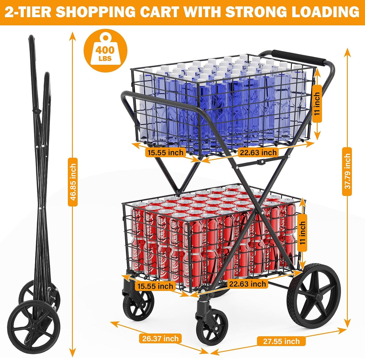 2-Tier Collapsible 400Lbs Heavy Duty Shopping Cart for Groceries