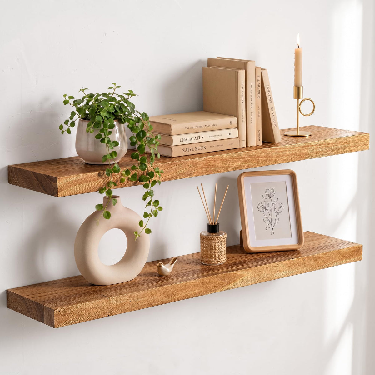 Live Edge Elm Floating Shelves - 24 In Rustic Solid Wood Shelves with Heavy-Duty Invisible Bracket, Wall-Mounted Wooden Shelf for Living Room, Bathroom, Kitchen Storage & Display, Set of 2, Natural