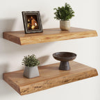 Live Edge Elm Floating Shelves - 24 In Rustic Solid Wood Shelves with Heavy-Duty Invisible Bracket, Wall-Mounted Wooden Shelf for Living Room, Bathroom, Kitchen Storage & Display, Set of 2, Natural