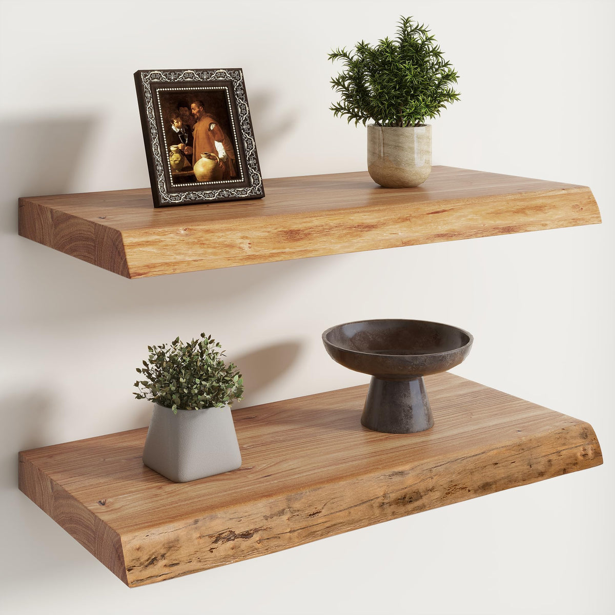 Live Edge Elm Floating Shelves - 24 In Rustic Solid Wood Shelves with Heavy-Duty Invisible Bracket, Wall-Mounted Wooden Shelf for Living Room, Bathroom, Kitchen Storage & Display, Set of 2, Natural