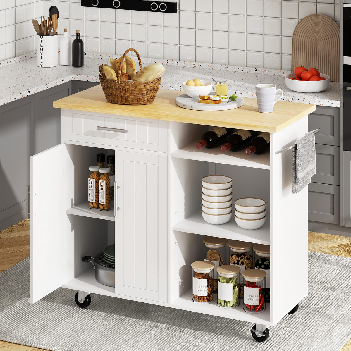 JY QAQA 26" Rolling Kitchen Island Cart on Wheels, Mobile Storage Cabinet with Adjustable Inner Shelves, Kitchen Prep Cart with Towel Rack & Lockable Casters for Small Apartment Kitchen, White