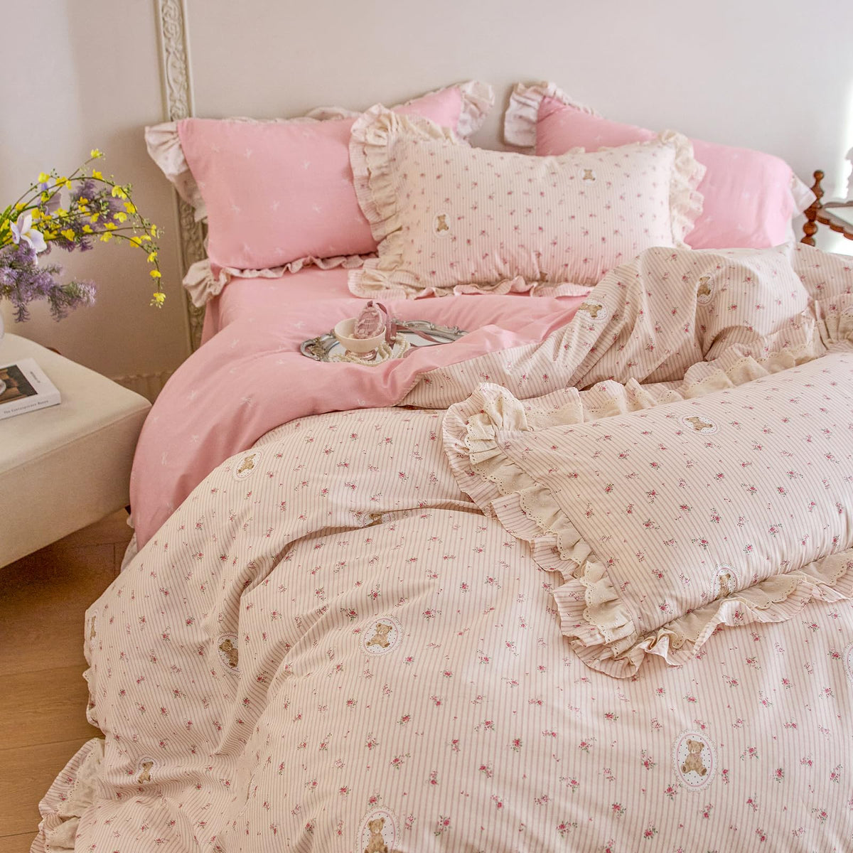 LifeTB Green Floral 100% Jersey Knit Cotton Duvet Cover Queen Vintage Style Botanical Floral Bedding Set Chic Shabby Green Floral Comforter Cover Girl Women Flower Bedding Cover with 2 Pillowcases