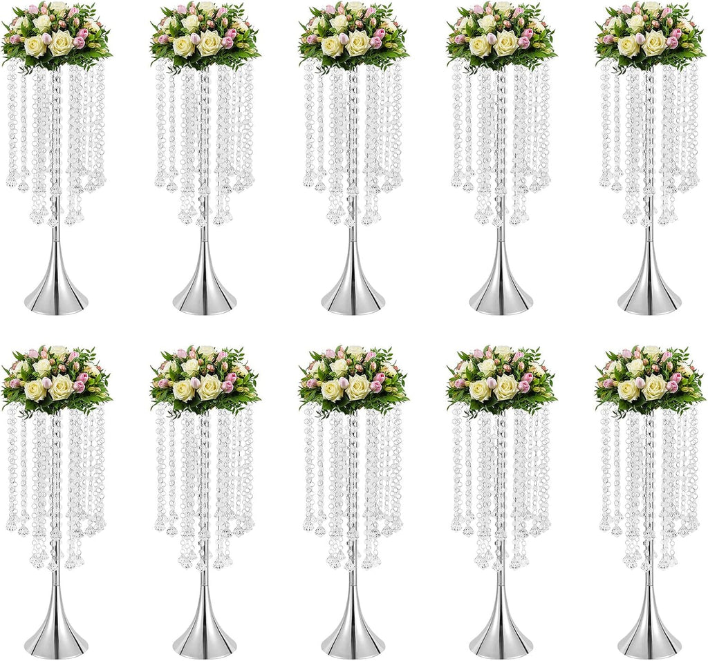 Wedding Centerpieces Silver Vases,10PCS Metal Flower Candle Holder with Sparkling Crystal Beads,Crystal Flower Vase Metal Flowers Stand for Party Tables Decorations (10PCS-Sliver-3)