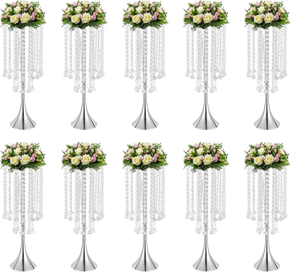 Wedding Centerpieces Silver Vases,10PCS Metal Flower Candle Holder with Sparkling Crystal Beads,Crystal Flower Vase Metal Flowers Stand for Party Tables Decorations (10PCS-Sliver-3)