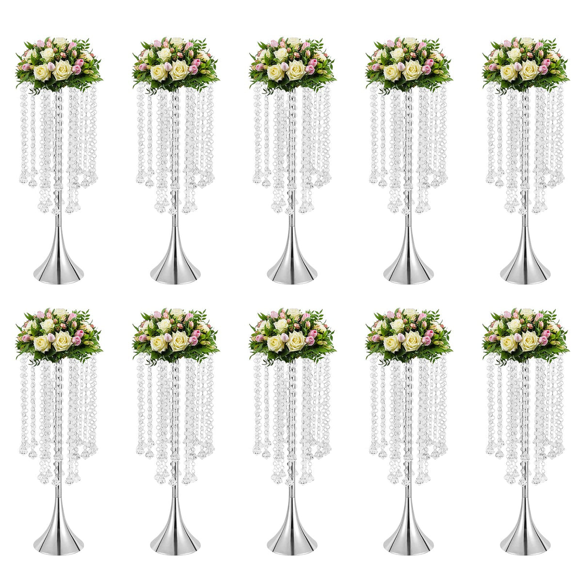 Wedding Centerpieces Silver Vases,10PCS Metal Flower Candle Holder with Sparkling Crystal Beads,Crystal Flower Vase Metal Flowers Stand for Party Tables Decorations (10PCS-Sliver-3)