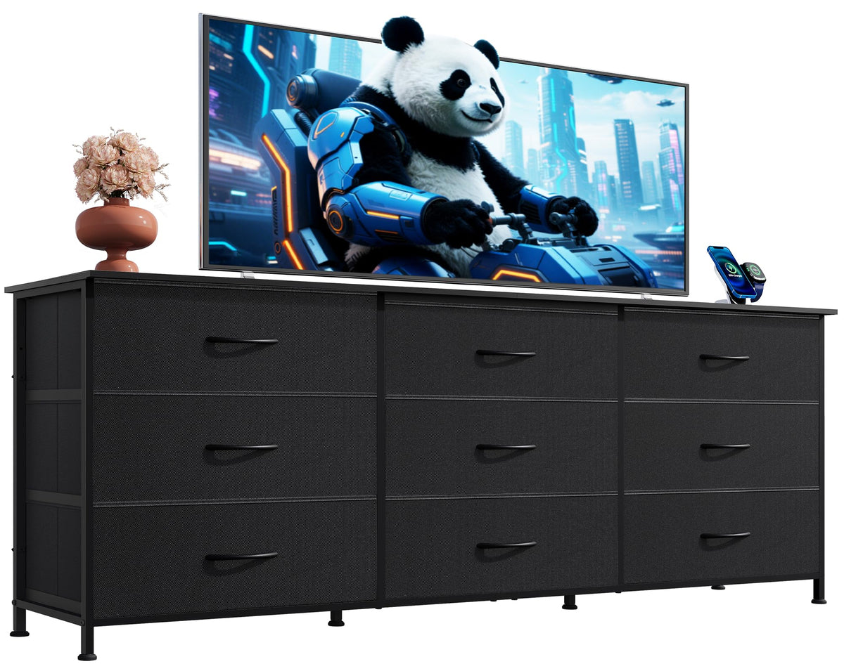 WLIVE Dresser TV Stand for 55 Inch TV, 9 Drawer Dresser for Bedroom, Black