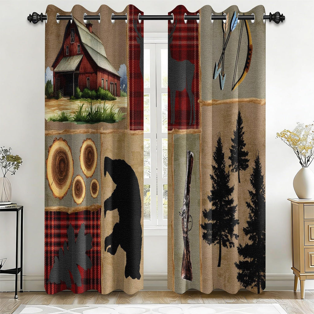 Rustic Farmhouse Cabin Blackout Curtains for Living Room, 96 Inch Long 2 Panels, Woodland Animal Bear Deer Curtains, Retro Country Style Patchwork Plaid Bedroom Window Drapes Treatment