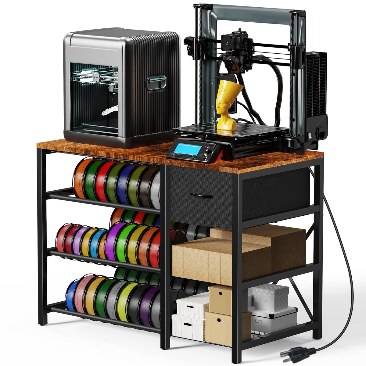 3D Printer Stand with Filament Storage Rack, Heavy Duty 3D Printer Table with Power Outlet, 4-Tier Filament Holder with Drawer, 3D Printer Filament Stand Organized for Office Workshop Studio