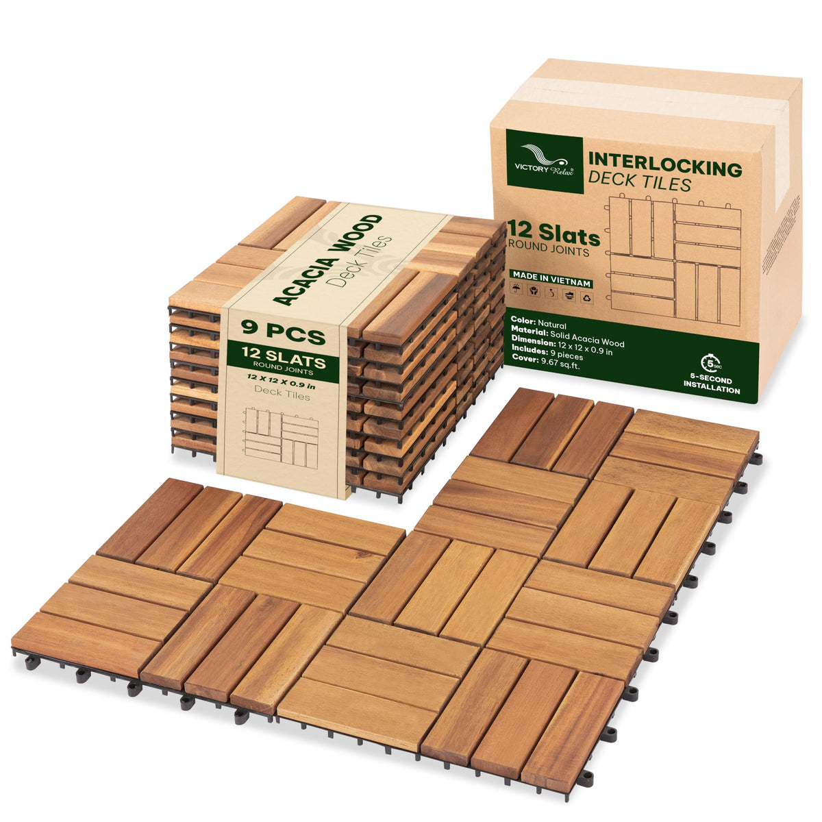 VICTORY RELAX Natural Acacia 12x12 Interlocking Wood Deck Tiles for Balcony, Garden, Patio, Poolside Decor - Waterproof Indoor & Outdoor Flooring - 12 Slats, Round Joints, Pack of 27, Natural Color