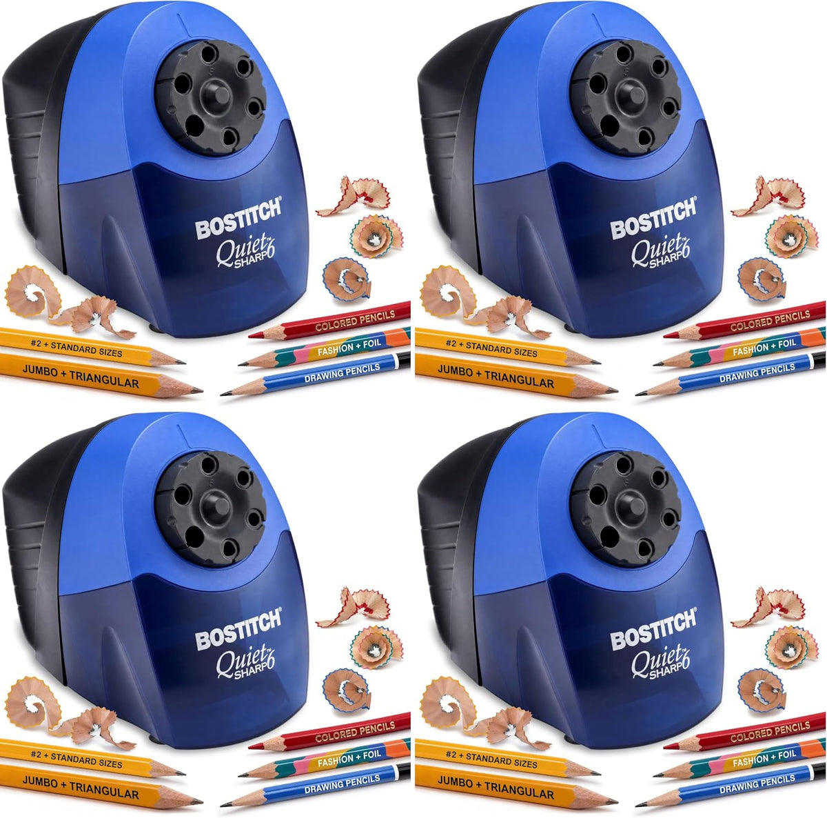 Bostitch Office QuietSharp Electric Pencil Sharpener, Heavy Duty Classroom or Office Use, Size Selector with 6 Different Sizes, Blue (Pack of 4)
