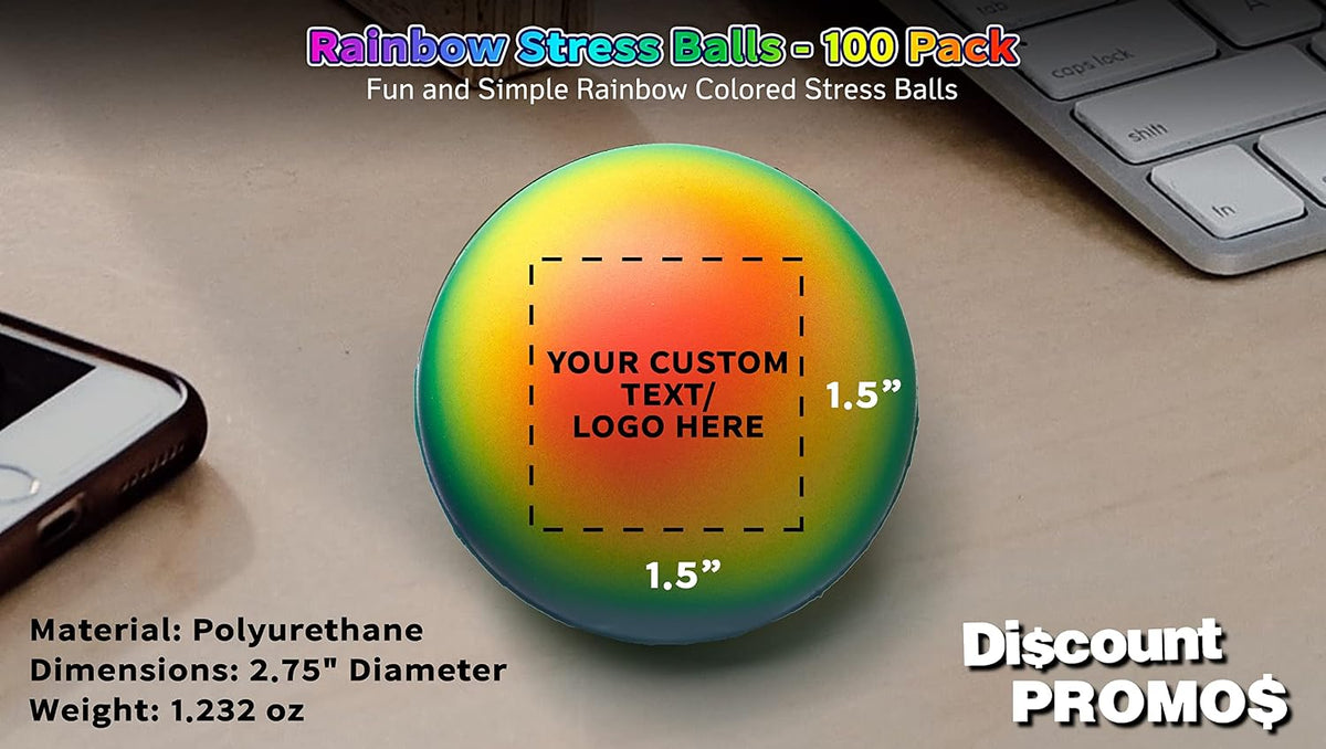 DISCOUNT PROMOS Custom Rainbow Squeeze Balls Set of 100, Personalized Bulk Pack - Perfect for Promotional Giveaways - Rainbow