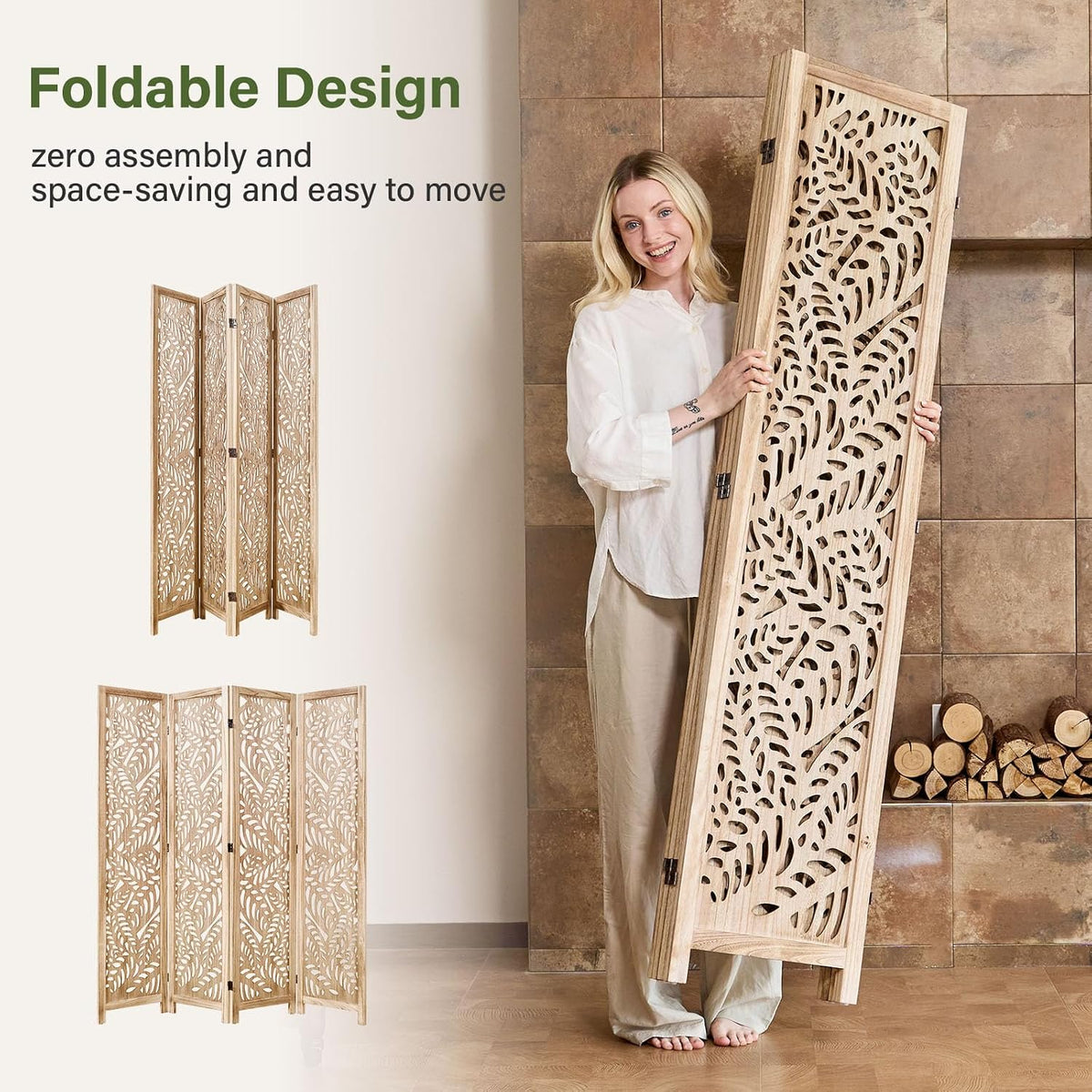 Leaf-Carved Room Divider Privacy Screen - 67 Inch Tall Foading Decorative Wood Screen Dividers Panel for Home - Natural Wood Room Partitions for Enhanced Privacy and Style Natural 4 Paned