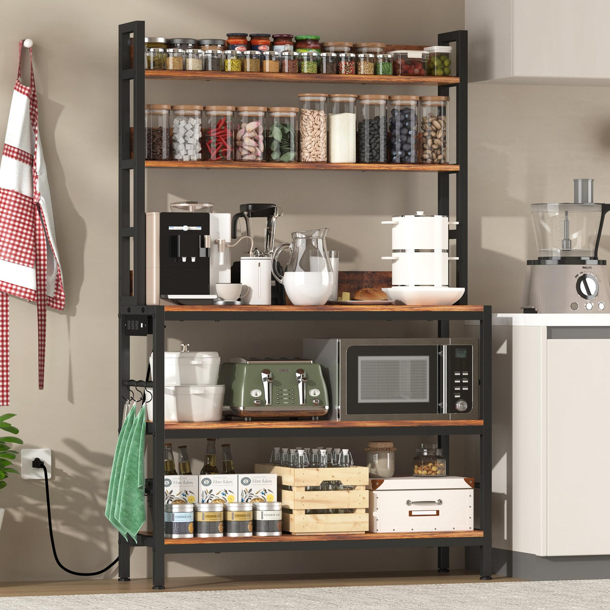 Kitchen Bakers Rack with Baskets,5-Tier Free Standing Storage Shelf Rack,Industrial Microwave Oven Stand,Metal Kitchen Rack Organizer with Hooks
