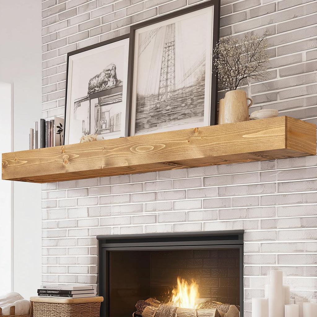 60x8x3in Rustic Fireplace Mantel Pine Wood, Weathered Brown