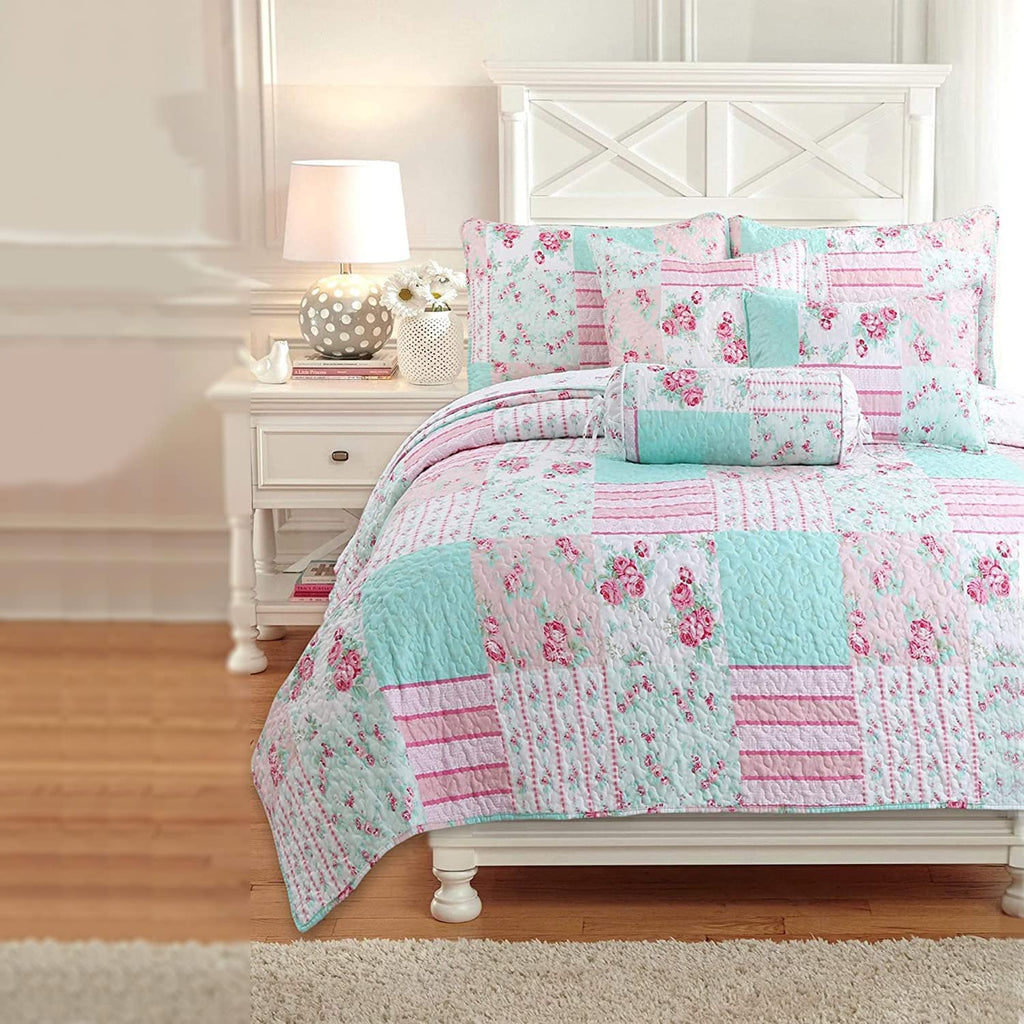 Cozy Line Home Fashions Light Pink Blue Flower Bloom Floral Garden Reversible Quilt Bedding Set, Coverlet Bedspread Lightweight for All Seasons (Carlotta, King - 6 Piece)