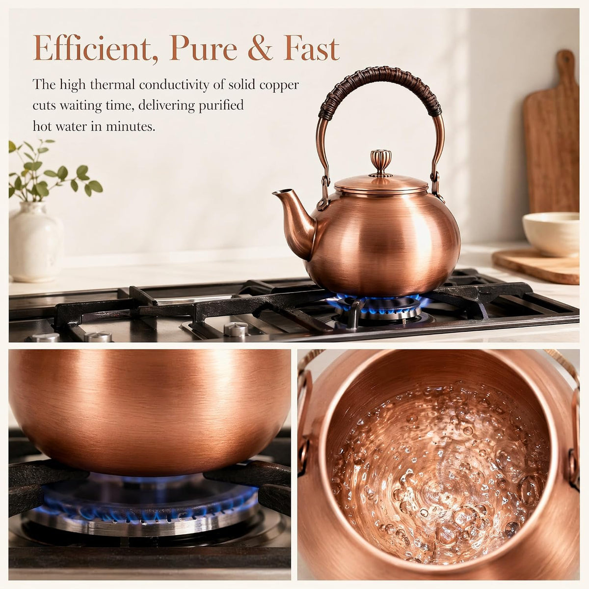 Handmade Copper Kettle 1200ML, Copper Stovetop Tea Kettle, Handmade Solid Copper Teapot with Stay-Cool Grip, Fast Boiling Gas Stove for Tea Ceremony Home Kitchen Use (1.1L-B)