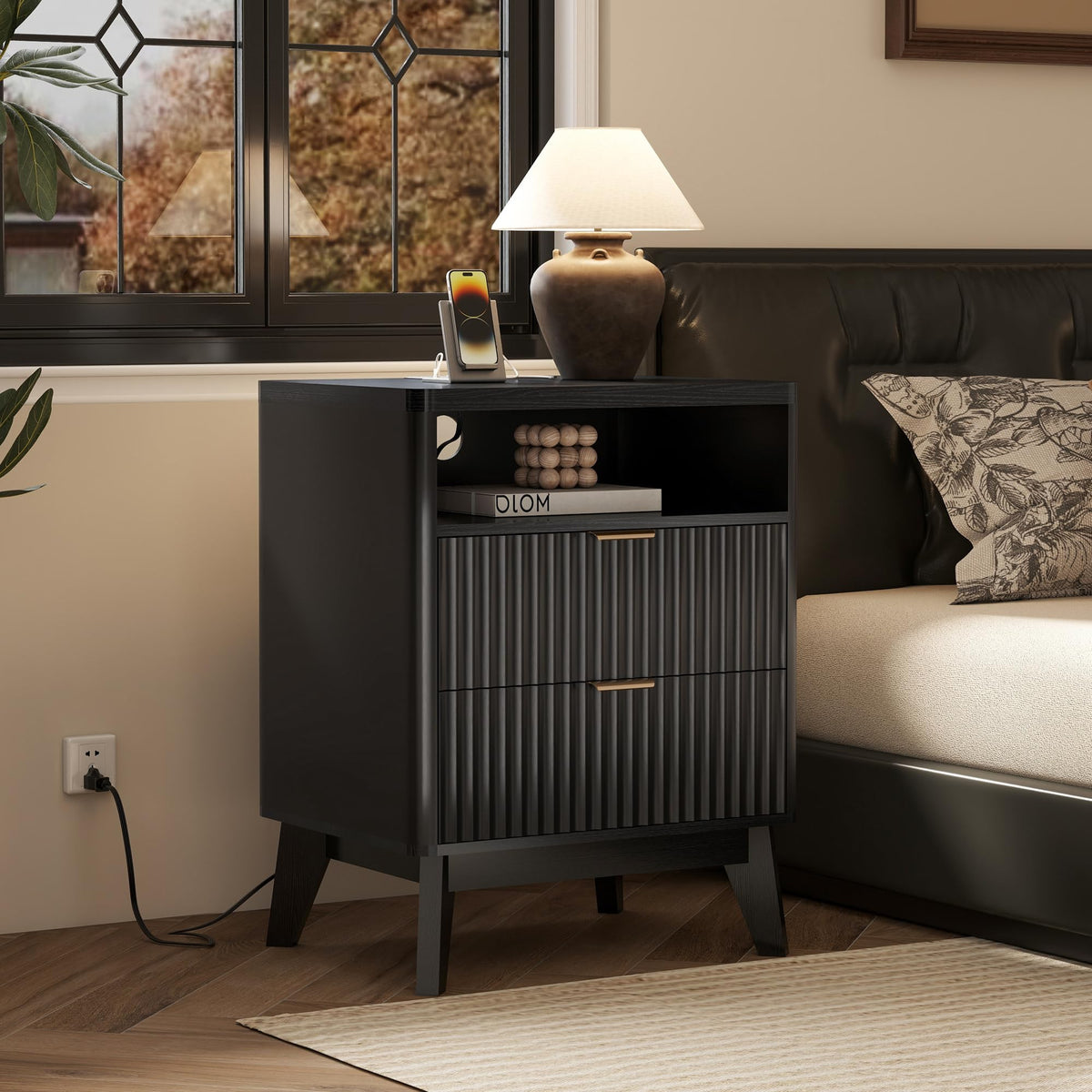 LYNCOHOME Fluted Nightstand with Charging Station, 19.7 inch Wide End Table with 2 Drawers, Modern Wood Bedside Table for Bedroom,Brown,1 Pcs