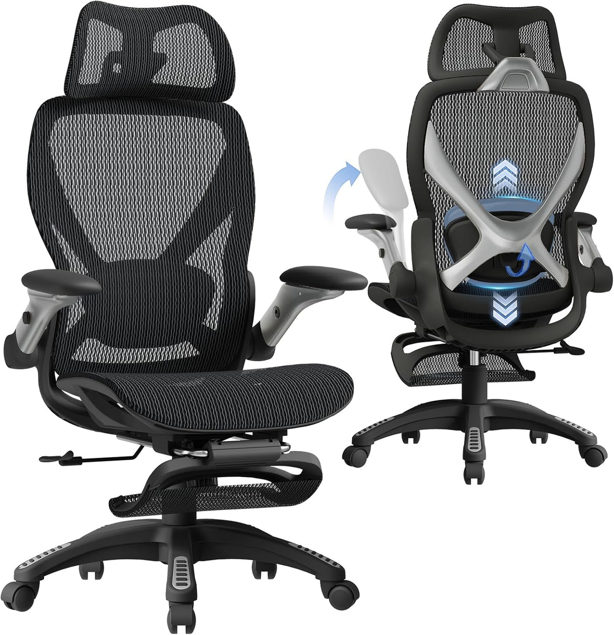 ELABEST X100 Ergonomic Mesh Office Chair with Footrest, Big and Tall Hone Desk Chair with 5D Flip-Up Arms, Adjustable 3D Lumbar Support,Gaming & Executive Computer Chairs