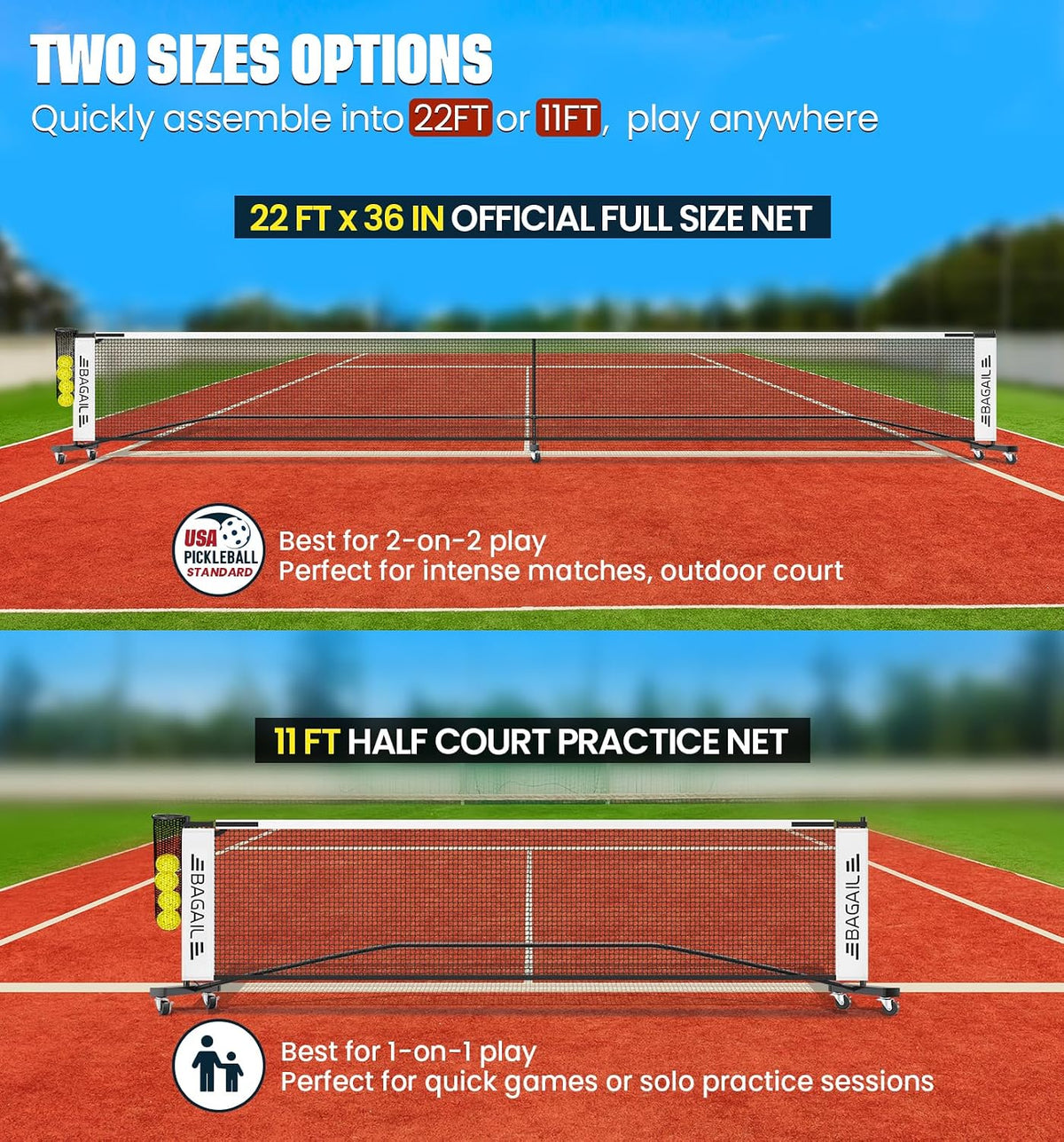 BAGAIL Portable Pickleball Net Set, 22 FT Regulation Size Pickle Ball Net with Ball Collector, 4 Balls and Carry Bag, Easy Setup for Outdoor Indoor Driveway