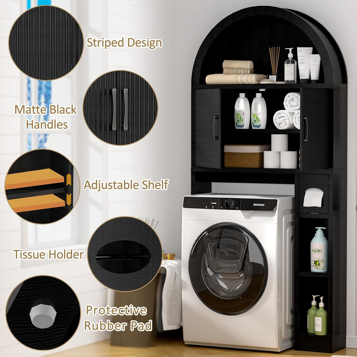 Spurgehom Over Toilet Storage Cabinet, Bathroom Arch Organizer, Black