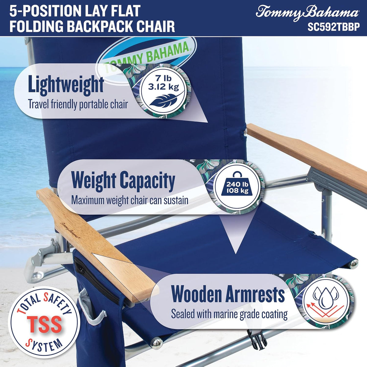 Tommy Bahama 5-Position Classic Lay Flat Folding Backpack Beach Chair, Polyester, Navy