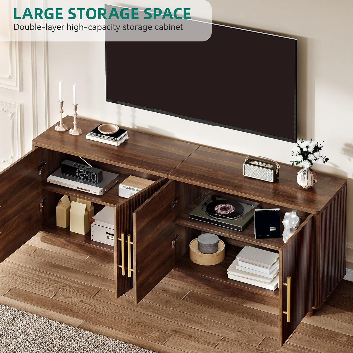 YITAHOME 70" TV Stand for up to 80" TVs with 4 Fluted Doors, Natural Oak