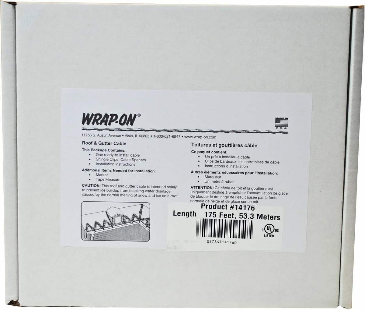 Wrap-On Roof and Gutter Deicing Cable - 175' Black Electric Heating Cord with 3 Prong Plug & 120 Volt Operation - 14176