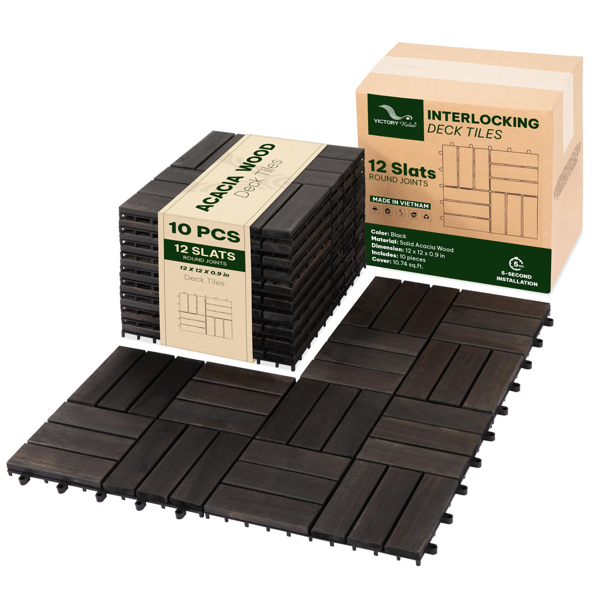 VICTORY RELAX Natural Acacia 12x12 Interlocking Wood Deck Tiles for Balcony, Garden, Patio, Poolside Decor - Waterproof Indoor & Outdoor Flooring - 12 Slats, Round Joints, Pack of 27, Natural Color