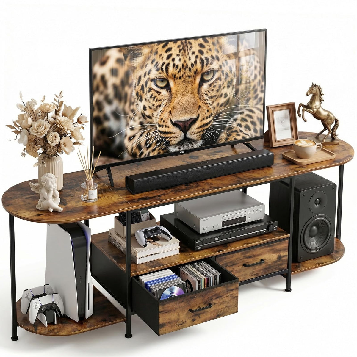 Faesun 63" TV Stand for TVs up to 75 Inches, Curved Edge Media Console & Entertainment Center with 2 Fabric Drawers, Modern TV Console Table for Living Room or Bedroom, Rustic Brown