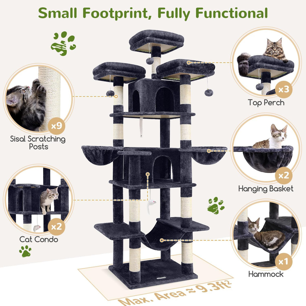 Globlazer Big XXL Cat Tower for Indoor Multiple Cats, F80, Dark Grey